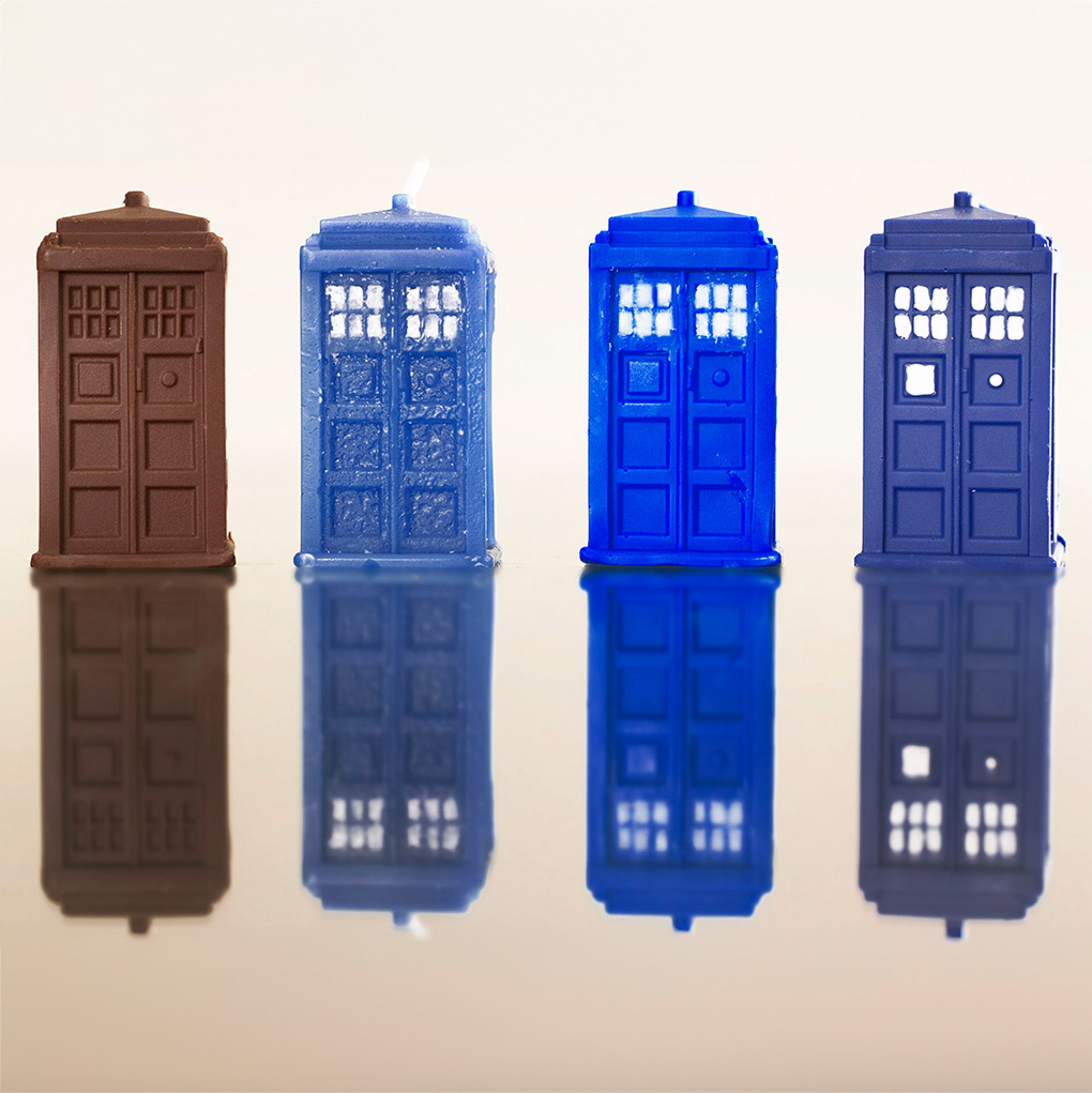 hand-made soaps, chocolates, and candles made to look like the tardis from doctor who