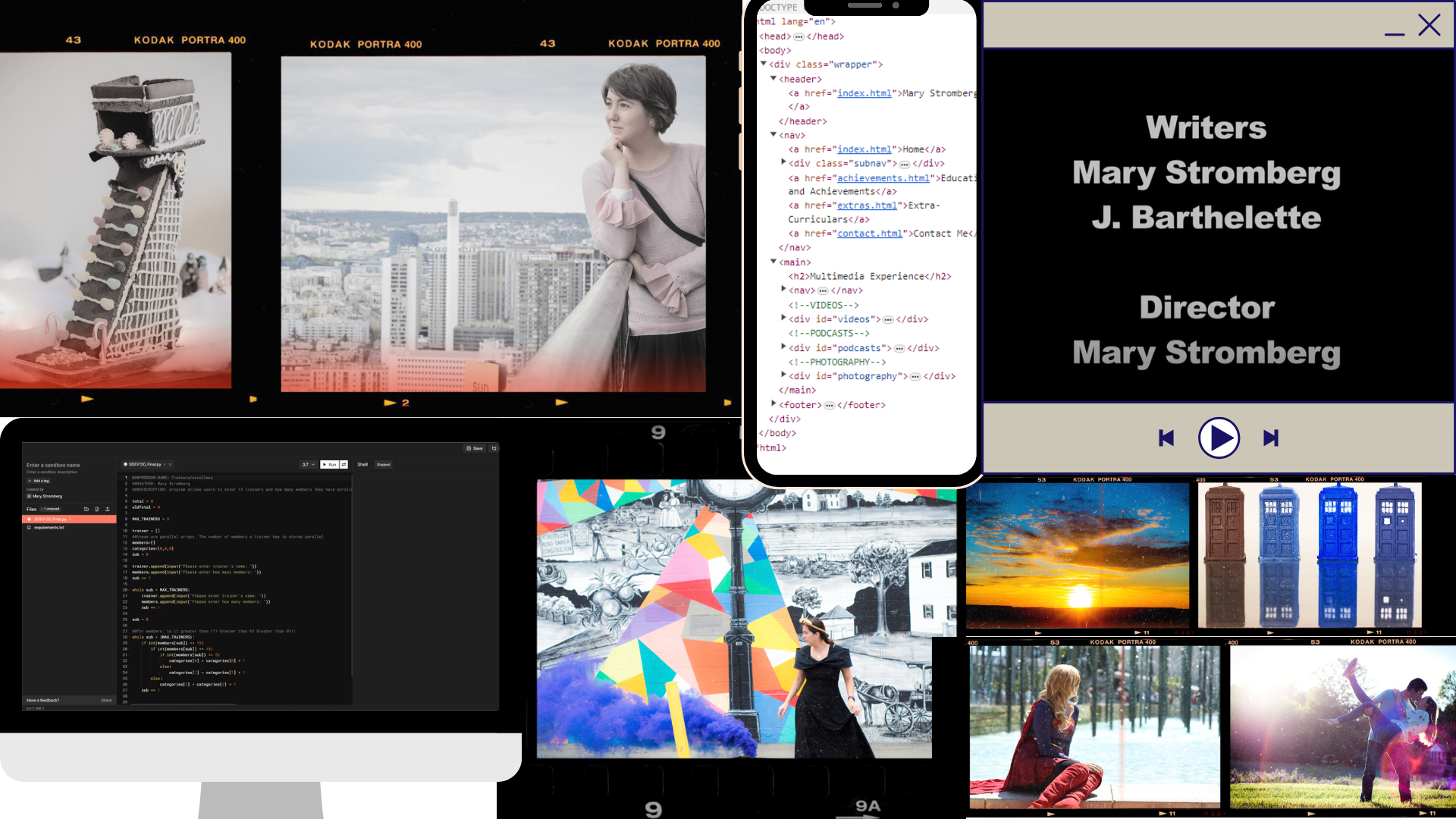 a collection of photography, video screenshots, and coding organized in a grid